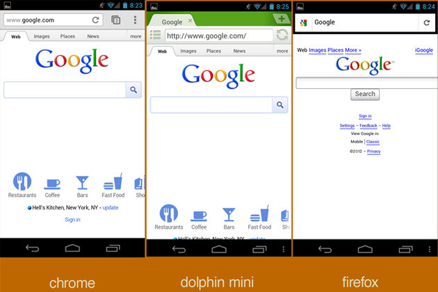 Google's homepage as rendered through different Android browsers
