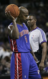 Chauncey Billups reacts to a technical foul